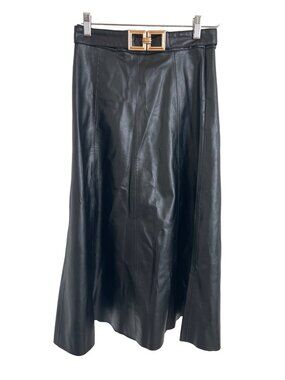Zara Black Faux Leather Belted Midi Skirt With Gold Buckle